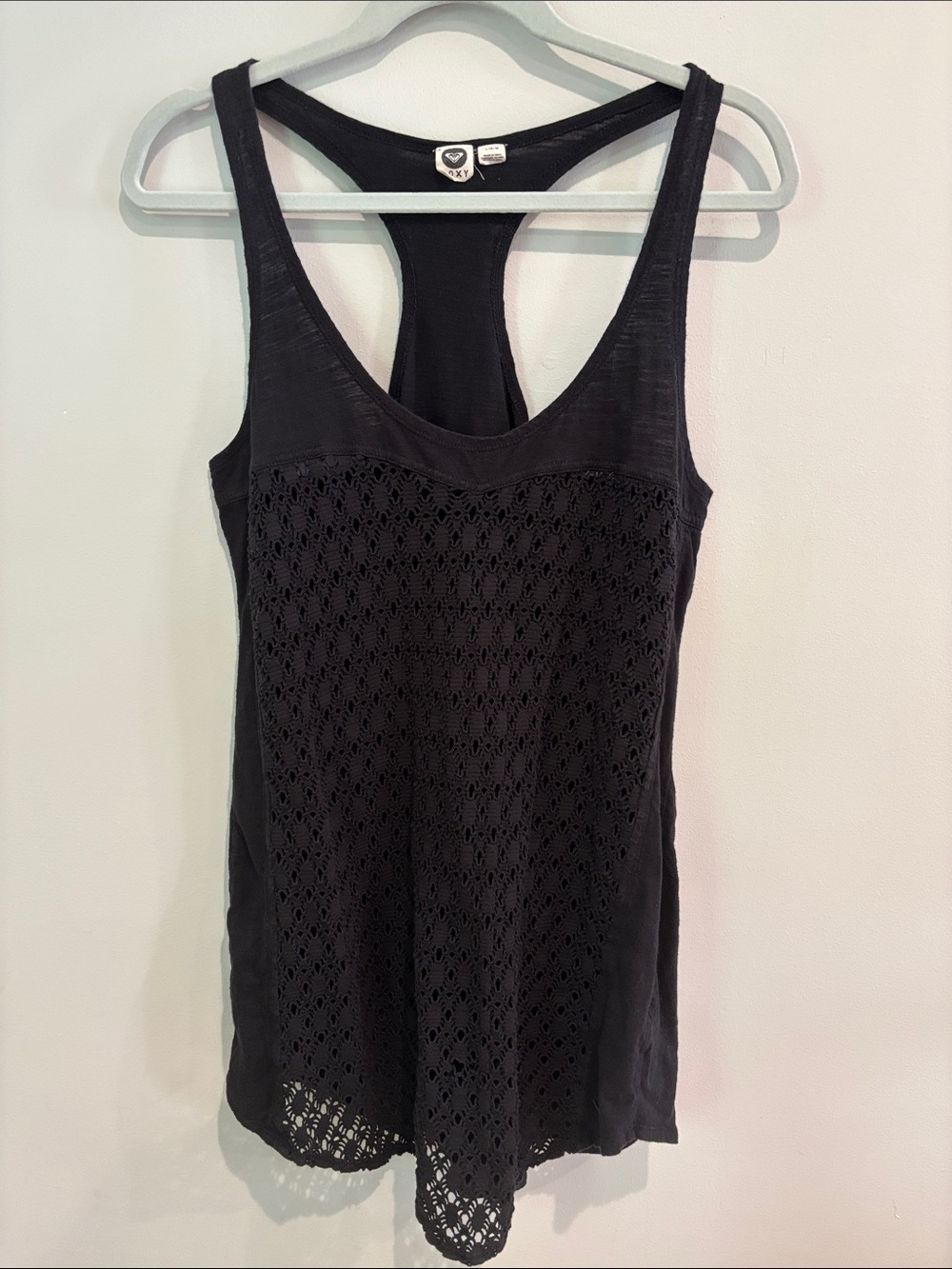 Vintage Roxy Y2K Black Crochet Lace Racerback Tank Top Size L